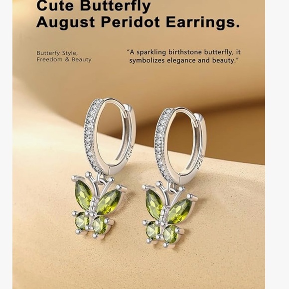 Peridot cz butterfly earrings in sterling 925 - Picture 2 of 4